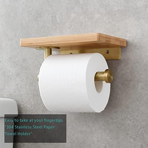 Toaletni držač za papir sa drvenom policom, držač tkiva za montiranje za pohranu mobilnog telefona, držač rolne od nehrđajućeg čelika