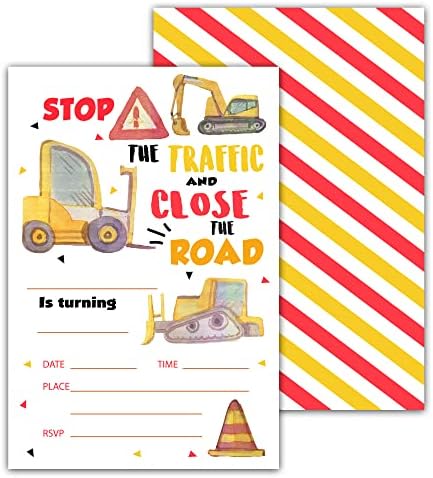 Pozivi za rođendan građevinske zone - Pozvot za građevinske kamione - Bday Pozovite ideje za mlade djevojke dječake - 20 kartica za