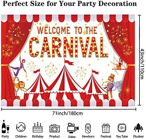 Dekoracija karnevalske tematske zabave, 71x43 inča Dobrodošli na karnevalski Baner, Crvena cirkuska pozadina, karnevalska pozadina za fotografiju Baner Photo Booth rekviziti