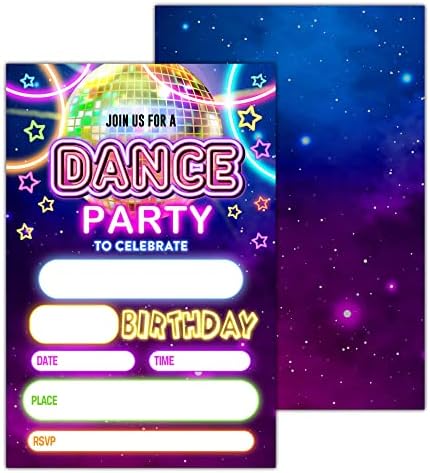 Plesne rođendana Poliv za pozivnice, disko party Party Poziv, za mlade djevojke dječačke zabave, zalihe - 20 pozivnica sa kovertama