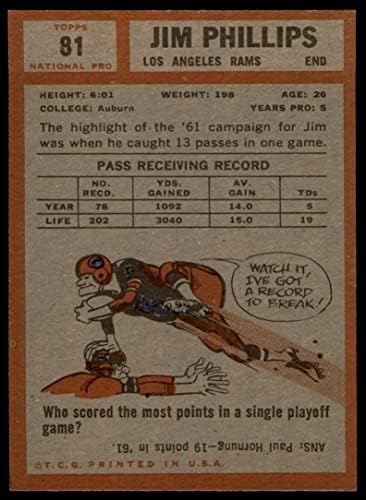 1962 TOPPS # 81 Jim Phillips Los Angeles Rams VG / Ex Rams Auburn