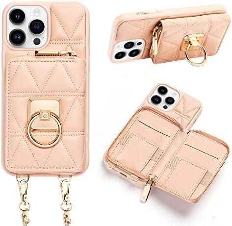 CUSTYPE za iPhone 13 Pro novčanik sa držačem kartice za žene, 360 rotacioni prsten, luksuzna pures torbica za novčanik sa zatvaračem sa trakom preko ramena za zapešće za iPhone 13 Pro,6.1 Inch,Nude Pink